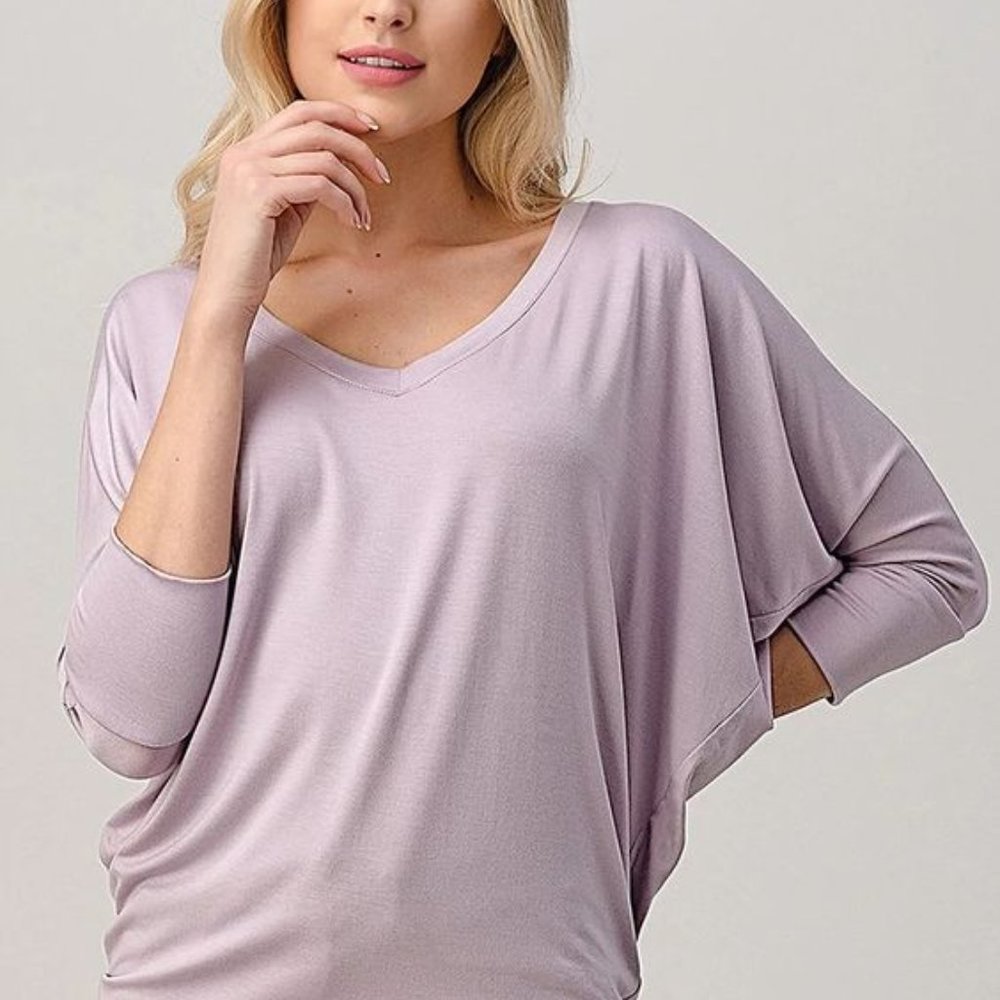 Lilac Batwing Long Sleeve Modal V Neck Top